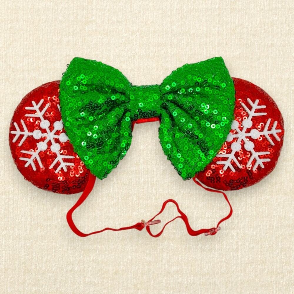 Elastic Red Snowflake Minnie Ears | Disney-Inspired Christmas Mouse Ears